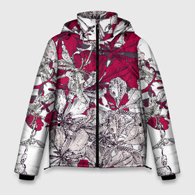 Мужская зимняя куртка 3D с принтом Red and white blooming flowers в Новосибирске, верх — 100% полиэстер; подкладка — 100% полиэстер; утеплитель — 100% полиэстер | длина ниже бедра, свободный силуэт Оверсайз. Есть воротник-стойка, отстегивающийся капюшон и ветрозащитная планка. 

Боковые карманы с листочкой на кнопках и внутренний карман на молнии. | art | flowers | leaves | арт | букет | лепестки | листья | художество | цветок | цветы