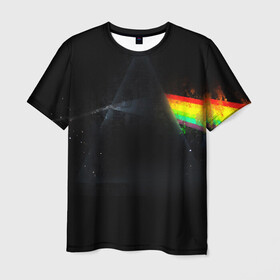 Мужская футболка 3D с принтом PINK FLOYD в Новосибирске, 100% полиэфир | прямой крой, круглый вырез горловины, длина до линии бедер | music | pink floyd | the dark side of the moon | космос | луна | музыка | пинк флойд | призма | рок | треугольник | триангулярная призма
