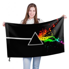 Флаг 3D с принтом PINK FLOYD в Новосибирске, 100% полиэстер | плотность ткани — 95 г/м2, размер — 67 х 109 см. Принт наносится с одной стороны | music | pink floyd | the dark side of the moon | космос | луна | музыка | пинк флойд | призма | рок | треугольник | триангулярная призма