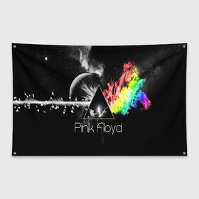 Флаг-баннер с принтом PINK FLOYD в Новосибирске, 100% полиэстер | размер 67 х 109 см, плотность ткани — 95 г/м2; по краям флага есть четыре люверса для крепления | music | pink floyd | the dark side of the moon | космос | луна | музыка | пинк флойд | призма | рок | треугольник | триангулярная призма