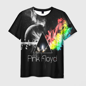 Мужская футболка 3D с принтом PINK FLOYD в Новосибирске, 100% полиэфир | прямой крой, круглый вырез горловины, длина до линии бедер | music | pink floyd | the dark side of the moon | космос | луна | музыка | пинк флойд | призма | рок | треугольник | триангулярная призма