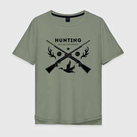 Мужская футболка хлопок Oversize с принтом Hunting. Natural Born Hunter в Новосибирске, 100% хлопок | свободный крой, круглый ворот, “спинка” длиннее передней части | hunter | natural born hunter | звезда | оружие | охота | охотник | птица | рога | ружье | селезень | трофей | утка | хобби