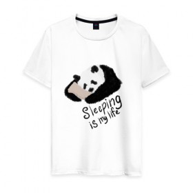 Мужская футболка хлопок с принтом Спящая Панда в Новосибирске, 100% хлопок | прямой крой, круглый вырез горловины, длина до линии бедер, слегка спущенное плечо. | sleeping is my life | панда | сон | спать | спать это моя жизнь