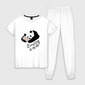 Женская пижама хлопок с принтом Спящая Панда в Новосибирске, 100% хлопок | брюки и футболка прямого кроя, без карманов, на брюках мягкая резинка на поясе и по низу штанин | sleeping is my life | панда | сон | спать | спать это моя жизнь