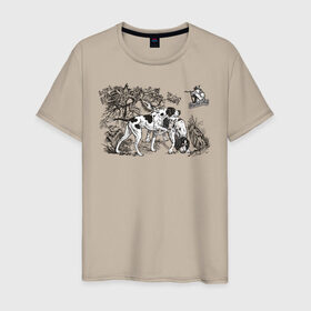 Мужская футболка хлопок с принтом Охотничьи собаки в Новосибирске, 100% хлопок | прямой крой, круглый вырез горловины, длина до линии бедер, слегка спущенное плечо. | Тематика изображения на принте: hunt | hunter | охота | охотник | пес | рисунок | собаки | туризм | хобби
