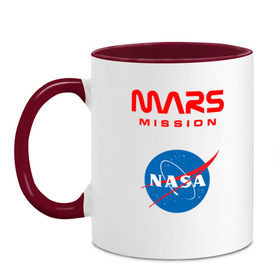 Кружка двухцветная с принтом Nasa Mars mission в Новосибирске, керамика | объем — 330 мл, диаметр — 80 мм. Цветная ручка и кайма сверху, в некоторых цветах — вся внутренняя часть | Тематика изображения на принте: mars mission | миссия марс | наса | насса