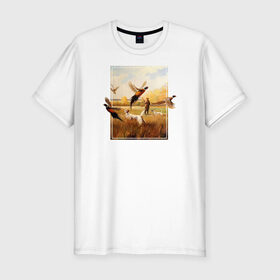 Мужская футболка премиум с принтом Охота на фазанов в Новосибирске, 92% хлопок, 8% лайкра | приталенный силуэт, круглый вырез ворота, длина до линии бедра, короткий рукав | живопись | осень | охота | охотник | пес | птицы | рисунок | собака | фазаны | хобби