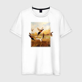 Мужская футболка хлопок с принтом Охота на фазанов в Новосибирске, 100% хлопок | прямой крой, круглый вырез горловины, длина до линии бедер, слегка спущенное плечо. | живопись | осень | охота | охотник | пес | птицы | рисунок | собака | фазаны | хобби