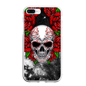 Чехол для iPhone 7Plus/8 Plus матовый с принтом Skull and Roses в Новосибирске, Силикон | Область печати: задняя сторона чехла, без боковых панелей | flowers | muertos | roses | skull | space | tribal | звезды | космос | лепестки | муэртос | розы | трайбл | цветы | череп