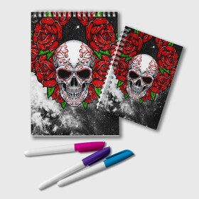 Блокнот с принтом Skull and Roses в Новосибирске, 100% бумага | 48 листов, плотность листов — 60 г/м2, плотность картонной обложки — 250 г/м2. Листы скреплены удобной пружинной спиралью. Цвет линий — светло-серый
 | Тематика изображения на принте: flowers | muertos | roses | skull | space | tribal | звезды | космос | лепестки | муэртос | розы | трайбл | цветы | череп