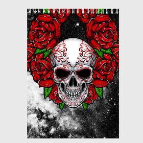 Скетчбук с принтом Skull and Roses в Новосибирске, 100% бумага
 | 48 листов, плотность листов — 100 г/м2, плотность картонной обложки — 250 г/м2. Листы скреплены сверху удобной пружинной спиралью | Тематика изображения на принте: flowers | muertos | roses | skull | space | tribal | звезды | космос | лепестки | муэртос | розы | трайбл | цветы | череп