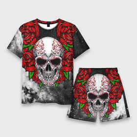 Мужской костюм с шортами 3D с принтом Skull and Roses в Новосибирске,  |  | flowers | muertos | roses | skull | space | tribal | звезды | космос | лепестки | муэртос | розы | трайбл | цветы | череп