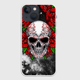 Чехол для iPhone 13 mini с принтом Skull and Roses в Новосибирске,  |  | flowers | muertos | roses | skull | space | tribal | звезды | космос | лепестки | муэртос | розы | трайбл | цветы | череп