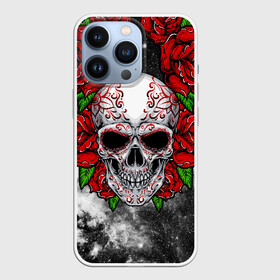 Чехол для iPhone 13 Pro с принтом Skull and Roses в Новосибирске,  |  | Тематика изображения на принте: flowers | muertos | roses | skull | space | tribal | звезды | космос | лепестки | муэртос | розы | трайбл | цветы | череп