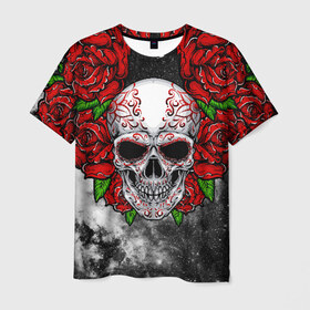 Мужская футболка 3D с принтом Skull and Roses в Новосибирске, 100% полиэфир | прямой крой, круглый вырез горловины, длина до линии бедер | flowers | muertos | roses | skull | space | tribal | звезды | космос | лепестки | муэртос | розы | трайбл | цветы | череп