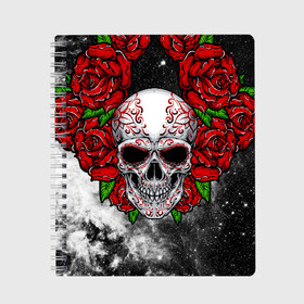 Тетрадь с принтом Skull and Roses в Новосибирске, 100% бумага | 48 листов, плотность листов — 60 г/м2, плотность картонной обложки — 250 г/м2. Листы скреплены сбоку удобной пружинной спиралью. Уголки страниц и обложки скругленные. Цвет линий — светло-серый
 | flowers | muertos | roses | skull | space | tribal | звезды | космос | лепестки | муэртос | розы | трайбл | цветы | череп