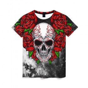 Женская футболка 3D с принтом Skull and Roses в Новосибирске, 100% полиэфир ( синтетическое хлопкоподобное полотно) | прямой крой, круглый вырез горловины, длина до линии бедер | flowers | muertos | roses | skull | space | tribal | звезды | космос | лепестки | муэртос | розы | трайбл | цветы | череп