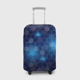 Чехол для чемодана 3D с принтом Синие соты в неоне в Новосибирске, 86% полиэфир, 14% спандекс | двустороннее нанесение принта, прорези для ручек и колес | неон | неоновые соты | синие соты | соты
