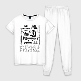 Женская пижама хлопок с принтом Моя любимая рыбалка в Новосибирске, 100% хлопок | брюки и футболка прямого кроя, без карманов, на брюках мягкая резинка на поясе и по низу штанин | cap | coil | fishing | fishing line | float | hook | pike | spinning | spoon | trout | wellingtons | блесна | катушка | крючок | леска | поплавок | рыбалка | сапоги | спиннинг | форель | шляпа | щука