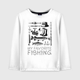 Детский лонгслив хлопок с принтом Моя любимая рыбалка в Новосибирске, 100% хлопок | круглый вырез горловины, полуприлегающий силуэт, длина до линии бедер | cap | coil | fishing | fishing line | float | hook | pike | spinning | spoon | trout | wellingtons | блесна | катушка | крючок | леска | поплавок | рыбалка | сапоги | спиннинг | форель | шляпа | щука