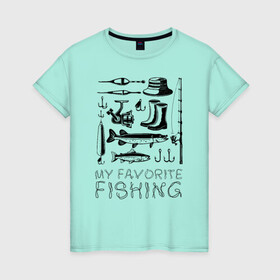 Женская футболка хлопок с принтом Моя любимая рыбалка в Новосибирске, 100% хлопок | прямой крой, круглый вырез горловины, длина до линии бедер, слегка спущенное плечо | cap | coil | fishing | fishing line | float | hook | pike | spinning | spoon | trout | wellingtons | блесна | катушка | крючок | леска | поплавок | рыбалка | сапоги | спиннинг | форель | шляпа | щука