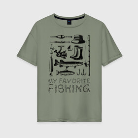 Женская футболка хлопок Oversize с принтом Моя любимая рыбалка в Новосибирске, 100% хлопок | свободный крой, круглый ворот, спущенный рукав, длина до линии бедер
 | cap | coil | fishing | fishing line | float | hook | pike | spinning | spoon | trout | wellingtons | блесна | катушка | крючок | леска | поплавок | рыбалка | сапоги | спиннинг | форель | шляпа | щука