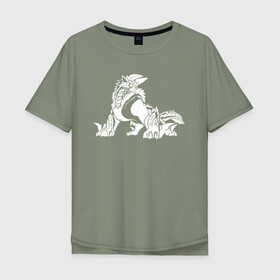 Мужская футболка хлопок Oversize с принтом Monster Hunter: World в Новосибирске, 100% хлопок | свободный крой, круглый ворот, “спинка” длиннее передней части | Тематика изображения на принте: dragon | game | hunter | logo | monster | world | дракон | драконы | игра | монстр | монстры | охотник