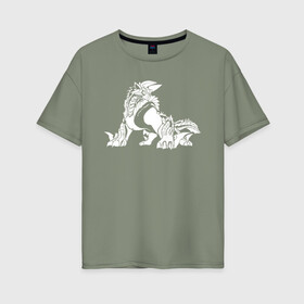 Женская футболка хлопок Oversize с принтом Monster Hunter: World в Новосибирске, 100% хлопок | свободный крой, круглый ворот, спущенный рукав, длина до линии бедер
 | dragon | game | hunter | logo | monster | world | дракон | драконы | игра | монстр | монстры | охотник