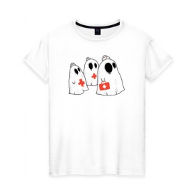 Женская футболка хлопок с принтом Мед Призраки в Новосибирске, 100% хлопок | прямой крой, круглый вырез горловины, длина до линии бедер, слегка спущенное плечо | doctor | halloween | health | nurse | доктор | медбрат | медсестра | привидение | призрак | хеллоуин | хэллоуин