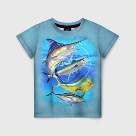 Детская футболка 3D с принтом Marlin and other fish в Новосибирске, 100% гипоаллергенный полиэфир | прямой крой, круглый вырез горловины, длина до линии бедер, чуть спущенное плечо, ткань немного тянется | Тематика изображения на принте: рыба | рыбак | рыбалка | снасти | увлечение | улов | хобби