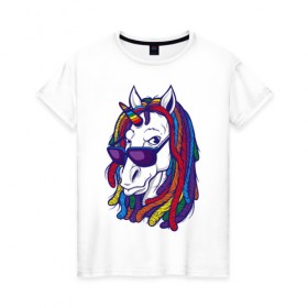 Женская футболка хлопок с принтом RastaUnicorn в Новосибирске, 100% хлопок | прямой крой, круглый вырез горловины, длина до линии бедер, слегка спущенное плечо | color | dreads | glases | unicorn | дреды | единорог | конь | лошадь | очки | рог | уши | цветной