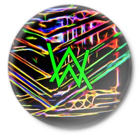 Значок с принтом ALAN WALKER DJ в Новосибирске,  металл | круглая форма, металлическая застежка в виде булавки | alan walker | aw | electro | electro music | music | алан уокер | музыка | музыкант | электро | электронная музыка