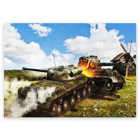 Поздравительная открытка с принтом ТАНКИ в Новосибирске, 100% бумага | плотность бумаги 280 г/м2, матовая, на обратной стороне линовка и место для марки
 | game | tank | war | боевой танк | война | выстрел | дым | игра | искры | огонь | пламя | танк | танкист | техника