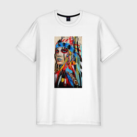 Мужская футболка премиум с принтом Буйство Красок в Новосибирске, 92% хлопок, 8% лайкра | приталенный силуэт, круглый вырез ворота, длина до линии бедра, короткий рукав | акварель | буйство красок | девушка | индеец | красавица | краски | перья | рисунок