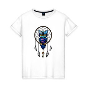 Женская футболка хлопок с принтом Совушка Ловец Снов в Новосибирске, 100% хлопок | прямой крой, круглый вырез горловины, длина до линии бедер, слегка спущенное плечо | ключ | ловец снов | перья | рисунок | сова | сон