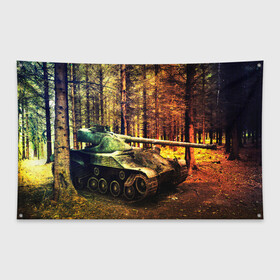 Флаг-баннер с принтом ТАНК В ЛЕСУ в Новосибирске, 100% полиэстер | размер 67 х 109 см, плотность ткани — 95 г/м2; по краям флага есть четыре люверса для крепления | game | tank | war | боевой танк | война | выстрел | дым | игра | искры | огонь | пламя | танк | танкист | техника