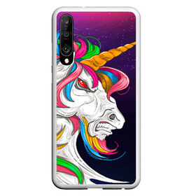 Чехол для Honor P30 с принтом Angry Unicorn в Новосибирске, Силикон | Область печати: задняя сторона чехла, без боковых панелей | Тематика изображения на принте: cosmos | hair | rainbow | stars | unicorn | волосы | глаза | единорог | злой | зубы | космос | лошадь | радуга