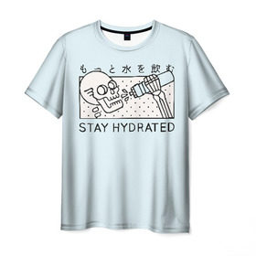 Мужская футболка 3D с принтом STAY HYDRATED в Новосибирске, 100% полиэфир | прямой крой, круглый вырез горловины, длина до линии бедер | death | japan | skeleton | sport | vegan | water | yoga | веган | вегетарианство | вода | йога | скелет | спорт | хэллоуин | череп | япония