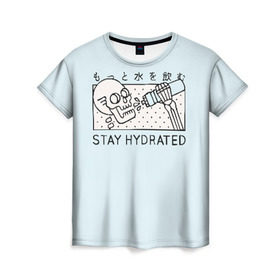 Женская футболка 3D с принтом STAY HYDRATED в Новосибирске, 100% полиэфир ( синтетическое хлопкоподобное полотно) | прямой крой, круглый вырез горловины, длина до линии бедер | death | japan | skeleton | sport | vegan | water | yoga | веган | вегетарианство | вода | йога | скелет | спорт | хэллоуин | череп | япония