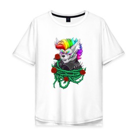 Мужская футболка хлопок Oversize с принтом Красочный Волчонок в Новосибирске, 100% хлопок | свободный крой, круглый ворот, “спинка” длиннее передней части | Тематика изображения на принте: волк | краски | красочный волчонок | радуга | рисунок | розы | тернии | цветы