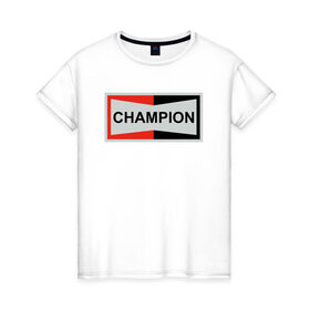 Женская футболка хлопок с принтом Champion в Новосибирске, 100% хлопок | прямой крой, круглый вырез горловины, длина до линии бедер, слегка спущенное плечо | Тематика изображения на принте: champion | однажды в голливуде | чемпион