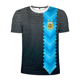 Мужская футболка 3D спортивная с принтом Аргентина форма  в Новосибирске, 100% полиэстер с улучшенными характеристиками | приталенный силуэт, круглая горловина, широкие плечи, сужается к линии бедра | аргентина | атрибутика | бег | победа | поле | сборная | соты | спорт | узор | футбол
