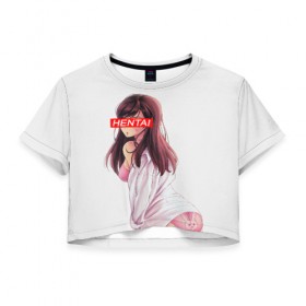 Женская футболка Cropp-top с принтом HENTAI в Новосибирске, 100% полиэстер | круглая горловина, длина футболки до линии талии, рукава с отворотами | ahegao | аниме | ахегао | девушка | хентаи | хентау