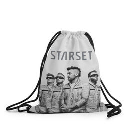 Рюкзак-мешок 3D с принтом Starset Band в Новосибирске, 100% полиэстер | плотность ткани — 200 г/м2, размер — 35 х 45 см; лямки — толстые шнурки, застежка на шнуровке, без карманов и подкладки | logo | rock | starset | лого | рок | старсет