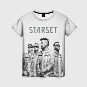 Женская футболка 3D с принтом Starset Band в Новосибирске, 100% полиэфир ( синтетическое хлопкоподобное полотно) | прямой крой, круглый вырез горловины, длина до линии бедер | logo | rock | starset | лого | рок | старсет