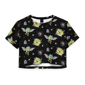 Женская футболка Cropp-top с принтом Rick and Morty pattern space в Новосибирске, 100% полиэстер | круглая горловина, длина футболки до линии талии, рукава с отворотами | morty | pattern | rick | rick and morty | space | t shirt | vdosadir