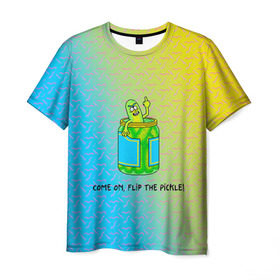 Мужская футболка 3D с принтом Pickle Rick в Новосибирске, 100% полиэфир | прямой крой, круглый вырез горловины, длина до линии бедер | Тематика изображения на принте: pickle | rick and morty | vdkovmar | банка | огурец | палец | прикол | рик и морти