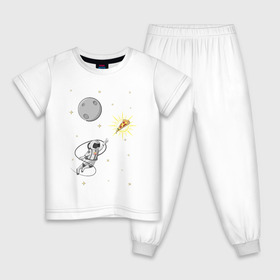 Детская пижама хлопок с принтом Пиццанавт в Новосибирске, 100% хлопок |  брюки и футболка прямого кроя, без карманов, на брюках мягкая резинка на поясе и по низу штанин
 | Тематика изображения на принте: астронавт | графика | еда | звезды | космонавт | космос | луна | пицца | рисунок