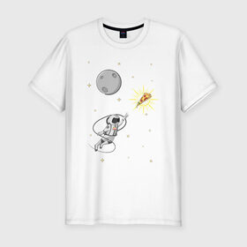Мужская футболка премиум с принтом Пиццанавт в Новосибирске, 92% хлопок, 8% лайкра | приталенный силуэт, круглый вырез ворота, длина до линии бедра, короткий рукав | астронавт | графика | еда | звезды | космонавт | космос | луна | пицца | рисунок