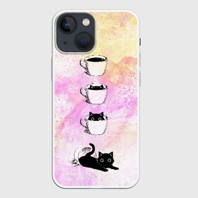 Чехол для iPhone 13 mini с принтом catfee в Новосибирске,  |  | cat | coffee | кот | котёнок | кофе | кошка | краски | чашка | черный кот